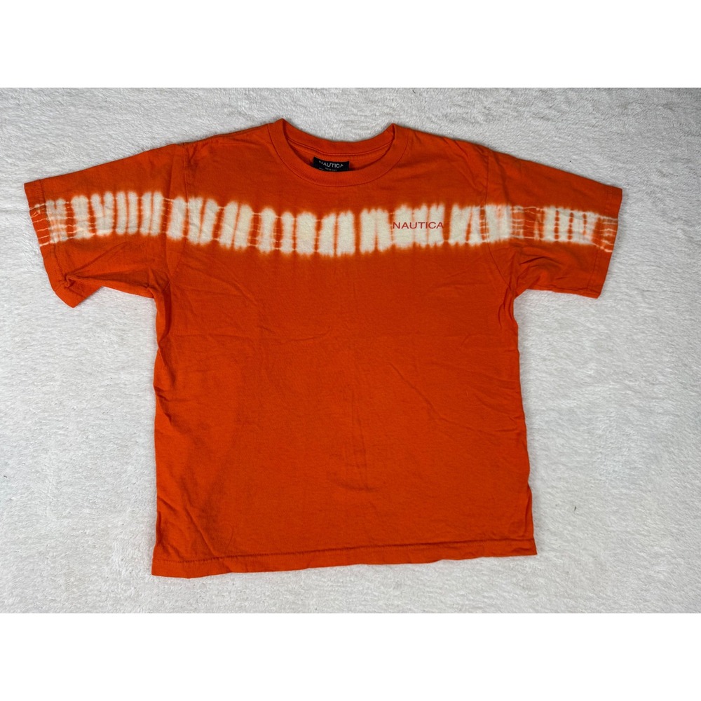 Nautica T-Shirt Kids M 12-14 Orange Good Tie-Dye Stripe‎ Cotton Logo Tee USA